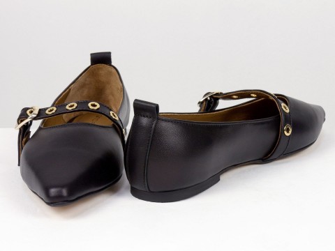 Женские балетки черного цвета из натуральной кожи с ремешком Gino Figini