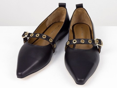 Женские балетки черного цвета из натуральной кожи с ремешком Gino Figini