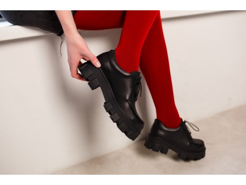 Женские черные туфли дерби  на тракторной подошве из натуральной черной кожи, Т-2046-01