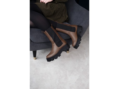 Завышенные ботинки "челси" из натуральной  кожи цвета молочный шоколад, Б-2078-05