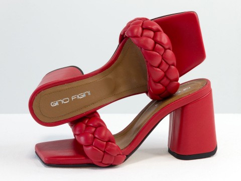 Дизайнерские шлепанцы "косички" на расклешенном каблуке из натуральной итальянской кожи красного цвета, С-2041-09