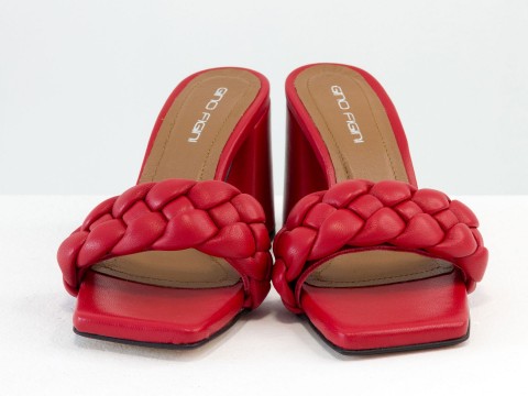 Дизайнерские  босоножки "косичка" на расклешенном  каблуке из натуральной итальянской кожи красного цвета