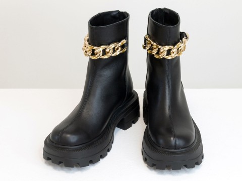 Жіночі чорні високі черевики з натуральної шкіри із золотим ланцюгом, Б-2167-01.
