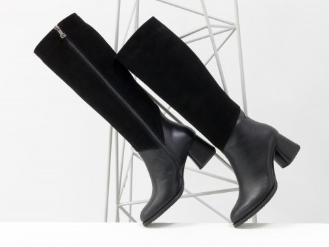 Сапоги черного цвета из натуральной кожи  на устойчивом глянцевом каблуке, М-2047-01