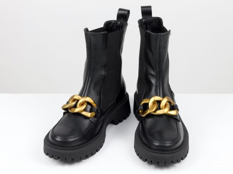 Женские черные высокие ботинки из натуральной кожи с золотой цепью, Б-2203-01