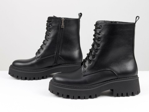 Класичні черевики з натуральної чорної шкіри на потовщеній підошві зі шнурівкою та блискавкою, Б-2196-04
