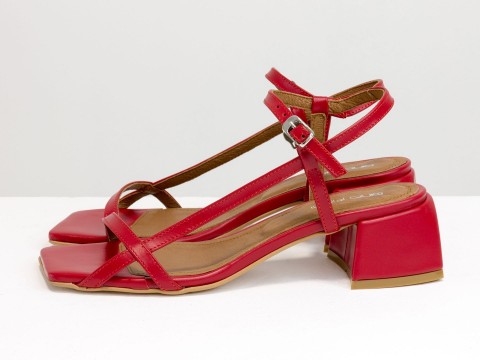 Дизайнерские красные босоножки на каблуке из натуральной итальянской кожи, С-2141-12