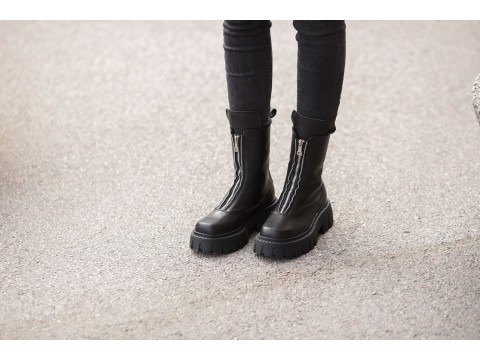 Женские ботинки из натуральной черной кожи с молнией впереди, Б-2179-01