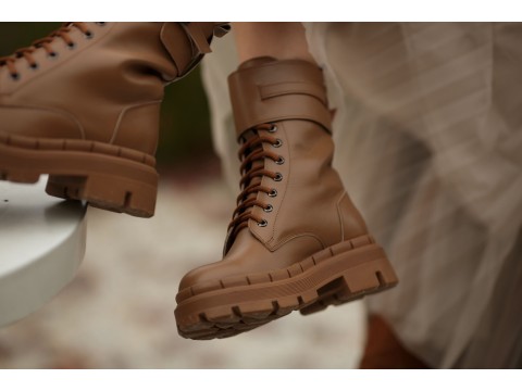 Женские ботинки из натуральной карамельной кожи на шнуровке, Б-2173-01
