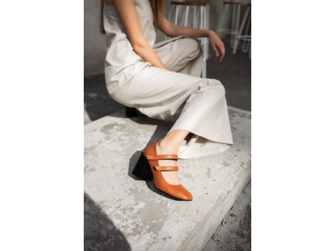 Дизайнерские туфли из натуральной коричневой кожи на устойчивом квадратном каблуке,  Т-2049-02