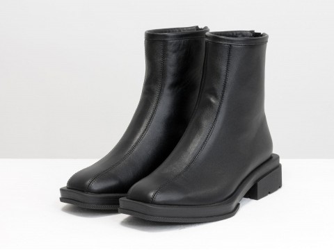 Женские  ботинки из натуральной черной кожи с квадратным носом, Б-2176-05
