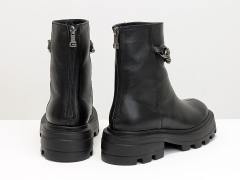 Жіночі чорні високі черевики з натуральної шкіри з чорним ланцюгом, Б-2167-03