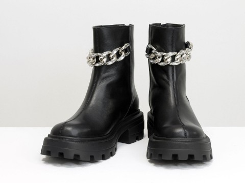 Женские черные высокие ботинки из натуральной кожи с серебряной цепью, Б-2167-05