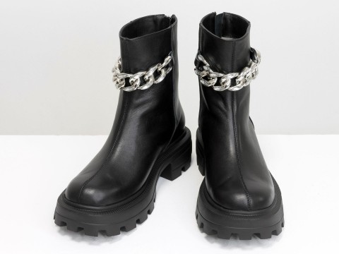 Жіночі чорні високі черевики з натуральної шкіри зі срібним ланцюгом, Б-2167-05