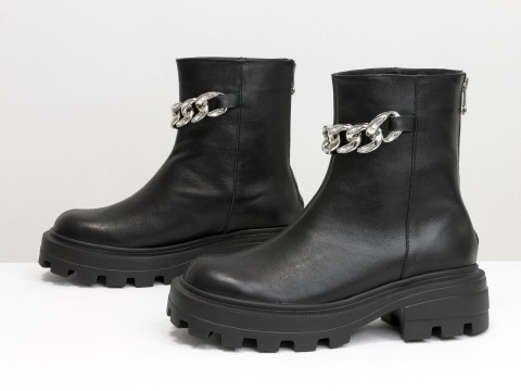 Женские черные высокие ботинки из натуральной кожи с серебряной цепью, Б-2167-05