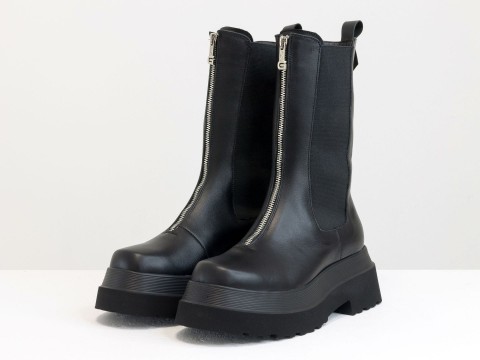 Женские ботинки высокие челси из натуральной черной кожи с резинками и молнией, Б-2184-01