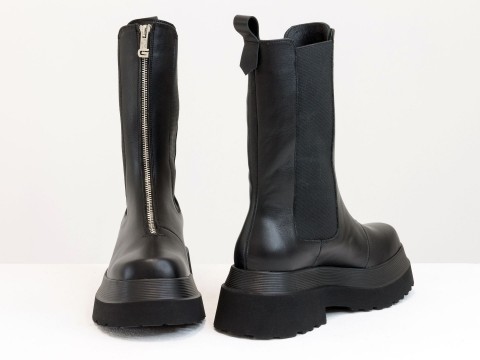 Женские ботинки высокие челси из натуральной черной кожи с резинками и молнией, Б-2184-01