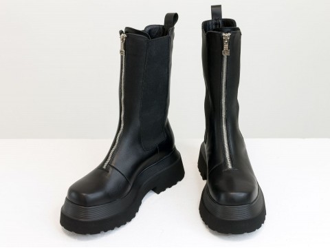 Жіночі черевики високі челсі з натуральної чорної шкіри з гумками та блискавкою, Б-2184-01