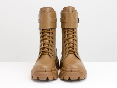 Женские ботинки из натуральной карамельной кожи на шнуровке, Б-2173-01