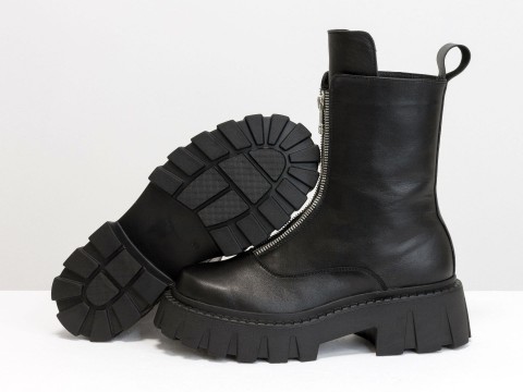 Женские ботинки из натуральной черной кожи с молнией впереди, Б-2179-01