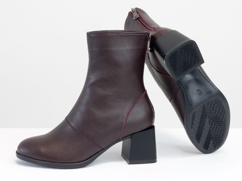 Женские  ботинки из натуральной бордовой кожи на среднем каблуке, Б-2159-02
