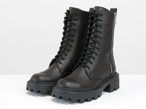 Женские ботинки из натуральной черной кожи на шнуровке и молнией, Б-2162-01