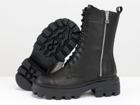Женские ботинки из натуральной черной кожи на шнуровке и молнией, Б-2162-01