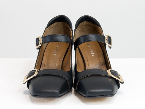 Дизайнерські туфлі на невисоких підборах з натуральної італійської шкіри чорного кольору, Т-2156-01.