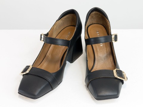 Дизайнерські туфлі на невисоких підборах з натуральної італійської шкіри чорного кольору, Т-2156-01.