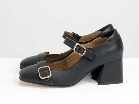 Дизайнерські туфлі на невисокому підборі з натуральної італійської шкіри чорного кольору на чорній підошві із золотою фурнітурою,Т-2156-01
