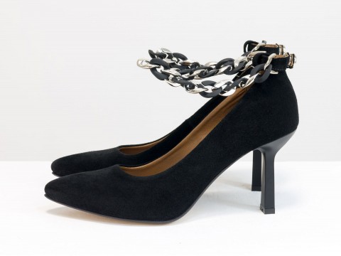 Дизайнерские туфли лодочки на  каблуке из натуральной итальянской замши черного цвета,  Т-2115-05