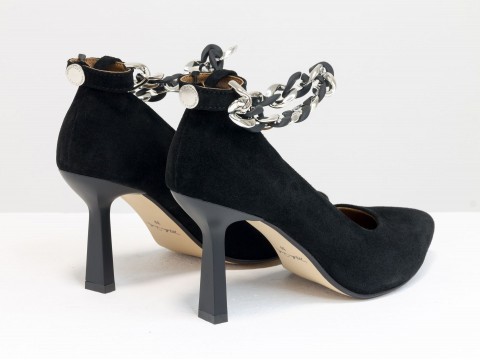 Дизайнерские туфли-лодочки на невысоком каблуке "рюмочка" из натуральной итальянской замши с цепочкой, Т-2115-05