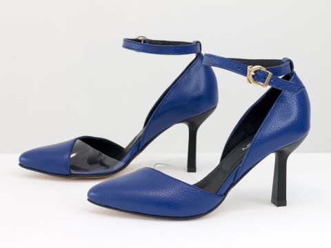 Сині туфлі човники з натуральної шкіри флотар на високій шпильці, Т-1928-09