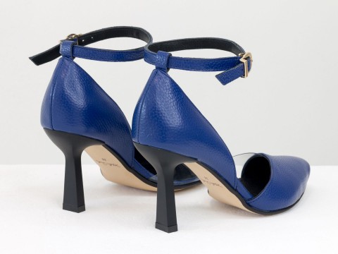 Сині туфлі човники з натуральної шкіри флотар на високій шпильці, Т-1928-09