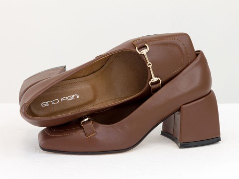 Дизайнерські туфлі на невисокому обтяжному підборі з натуральної італійської шкіри рудо-коричневого кольору, Т-2153-03