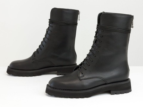 Жіночі черевики з натуральної чорної шкіри на шнурівці та блискавкою ззаду, Б-2168-01