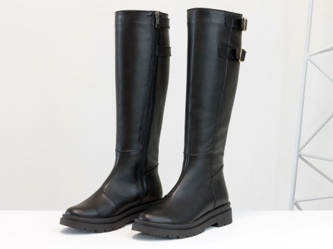Осінні чоботи чорного кольору з натуральної шкіри на потовщеній підошві, М-2172-01