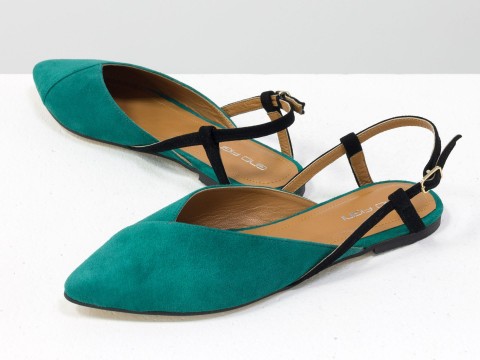 Жіночі туфлі з відкритою п'ятою з велюру морська хвиля кольору