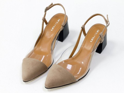 Бежевые  женские туфли из натуральной итальянской замши и вставками из мягкого силикона