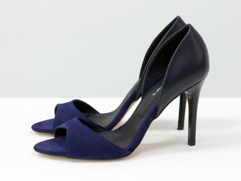 Летние туфли с открытым носком из замши синего цвета и черной натуральной кожи  на шпильке, С-704-21