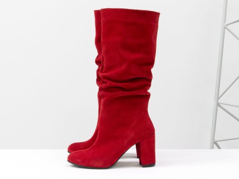 Жіночі червоні чоботи з натуральної замші на обтяжних підборах, М-17400/1-04