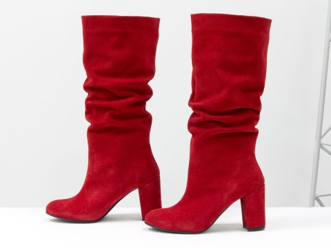 Жіночі червоні чоботи з натуральної замші на обтяжних підборах, М-17400/1-04
