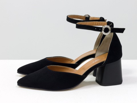 Классические черные туфли из натуральной замши на расклешенном каблуке, С-2013-02
