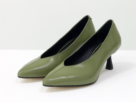 Дизайнерские туфли-перчатки на невысоком каблуке "рюмочка" из натуральной итальянской кожи фисташкового цвета,  Т-2050-16