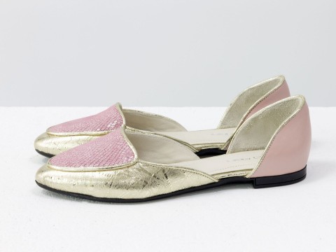 Туфлі човники без підборів у рожево-золотому кольорі зі шкіри , Д-24-14