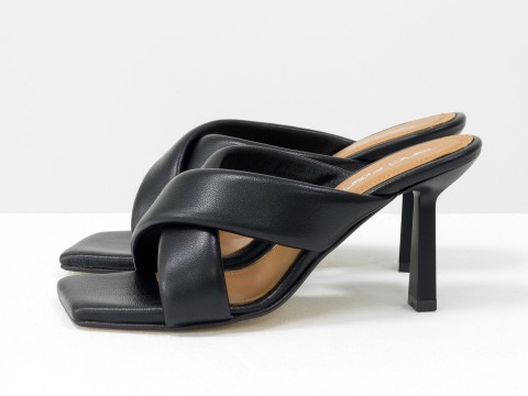 Дизайнерские черные сабо на небольшом каблуке из натуральной итальянской кожи, С-2130-01