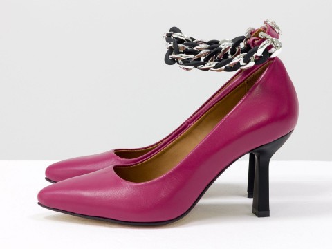 Дизайнерские туфли лодочки на  каблуке из натуральной итальянской кожи цвета фуксия,  Т-2115-03