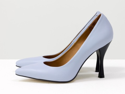 Дизайнерские туфли-лодочки на высоком  каблуке из натуральной итальянской кожи небесного цвета,  Т-2107-02