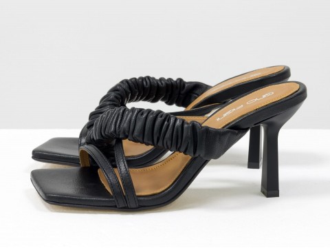 Дизайнерские черные шлёпанцы на каблуке из натуральной итальянской кожи, С-2136-01
