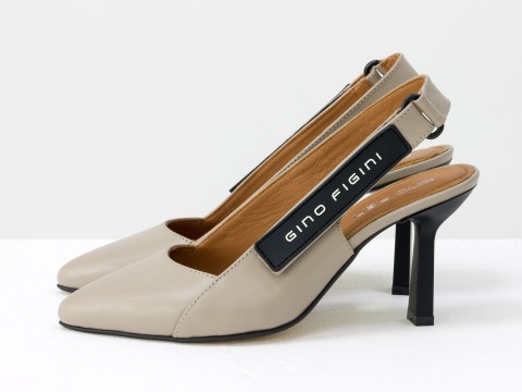 Дизайнерские туфли лодочки с открытой пяткой из натуральной итальянской кожи бежевого цвета,  Т-2114-02
